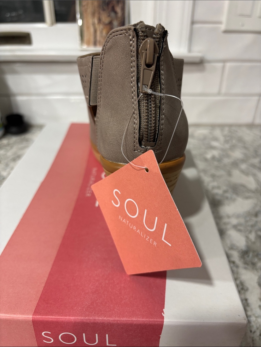 SOUL Naturalizer Taupe Perforated Wedge Bootie with Wood-Look Heel - Picture 3 of 5